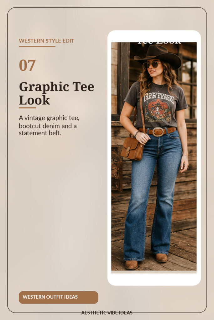 Graphic T-shirt with bootcut jeans and Western belt