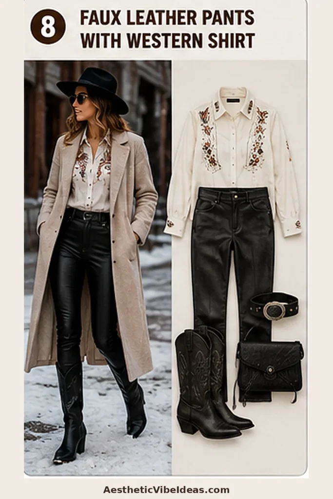 Faux leather pants with Western shirt and long wool coat