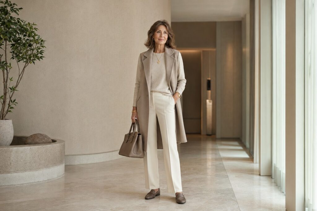 Monochrome neutral outfit with cream trousers and taupe layers for women over 40.