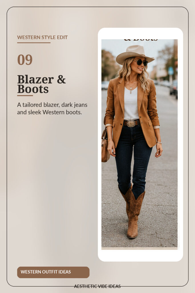Tailored blazer with dark jeans and Western boots
