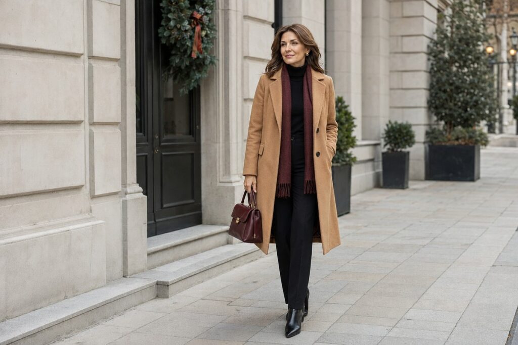 Camel wool coat over a black turtleneck and trousers winter outfit for women over 40.