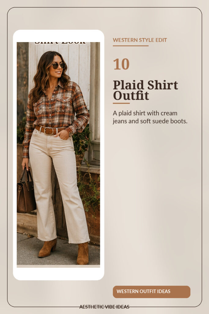 Plaid shirt with cream jeans and suede boots