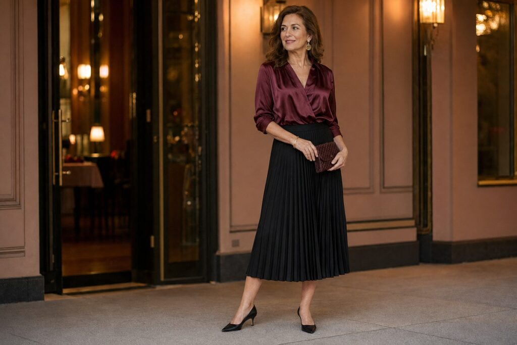 satin-blouse-pleated-midi-skirt-over-40