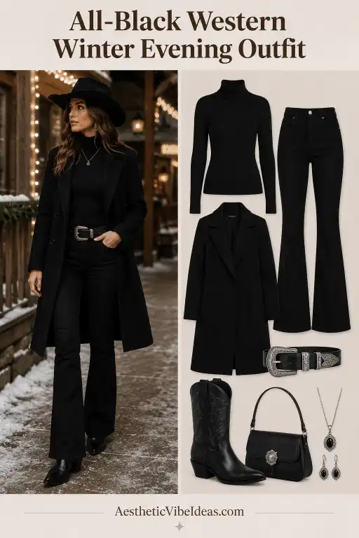 All-black Western winter evening outfit with silver belt