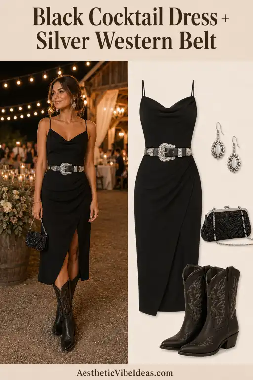 Black cocktail dress with silver Western belt and boots