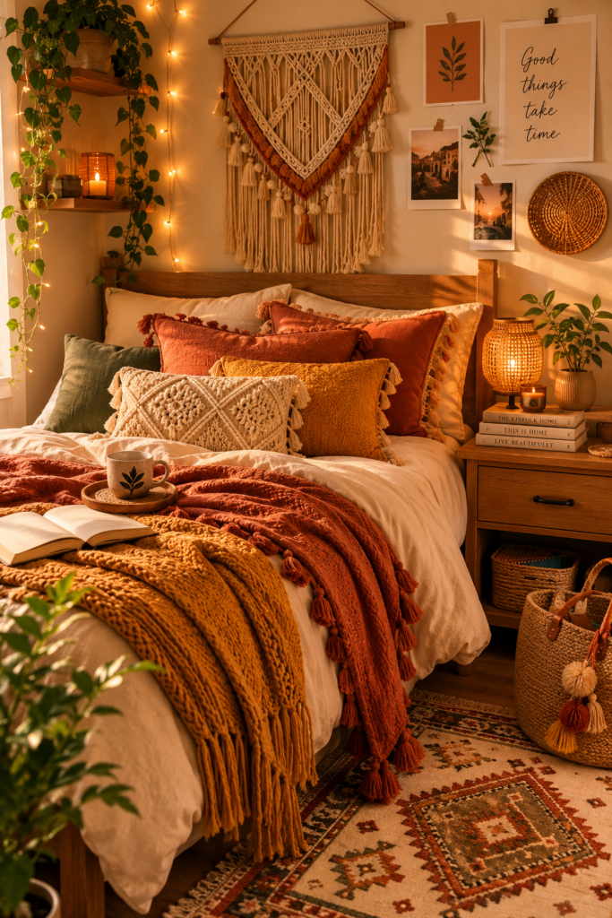 Boho Dorm Bedding Ideas With Warm Layered Textures