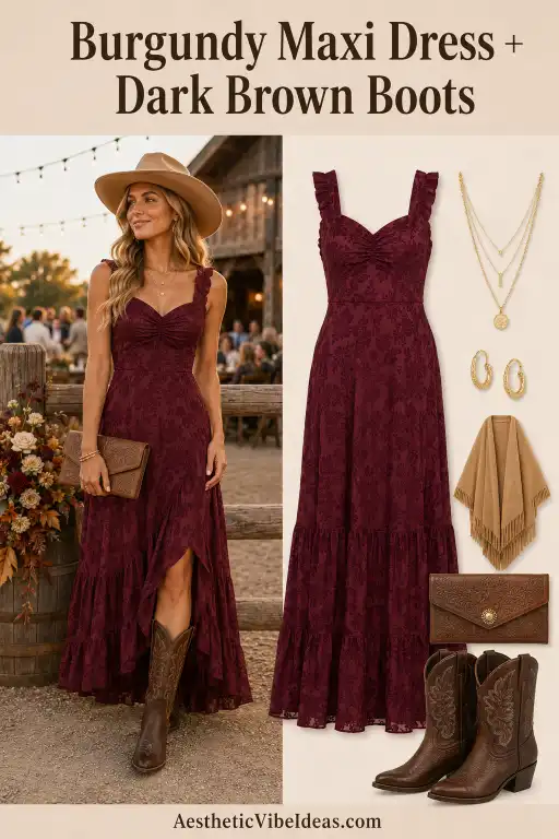 Burgundy maxi dress with dark brown boots for a fall ranch wedding