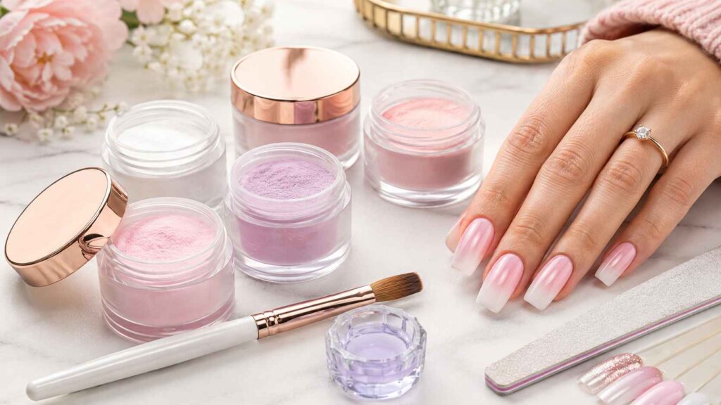 acrylic nail powder with brush and finished acrylic nails