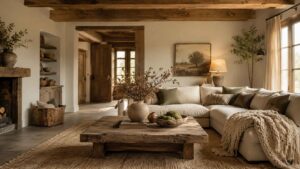 rustic home decor living room with warm wood and neutral textures