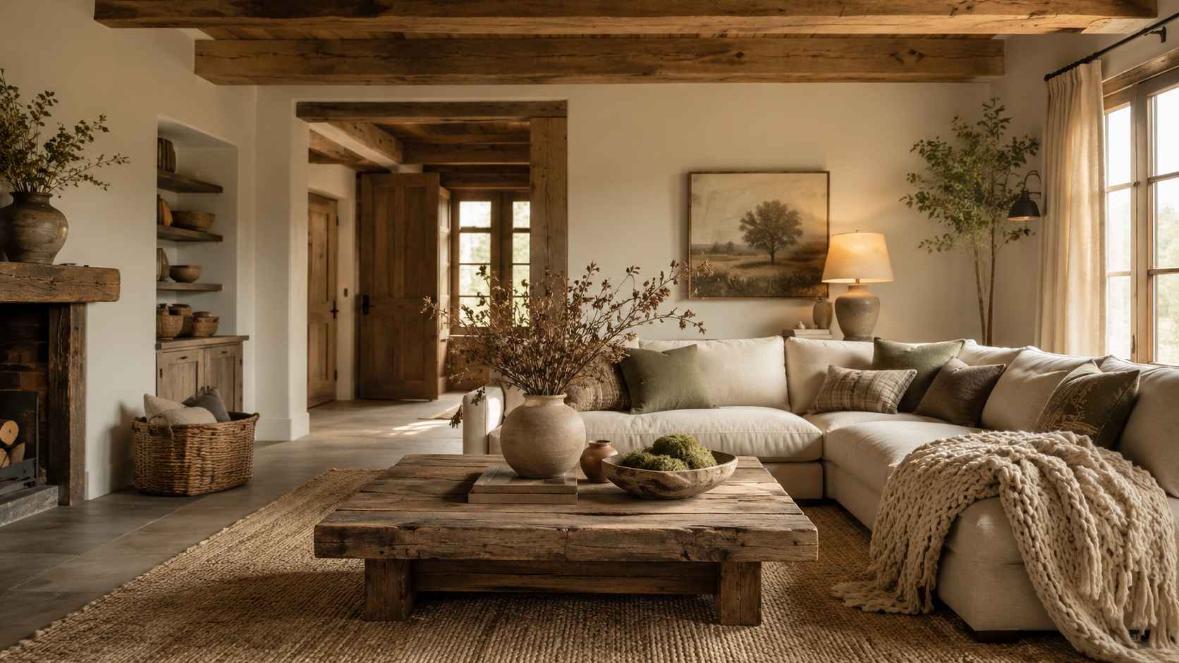 rustic home decor living room with warm wood and neutral textures