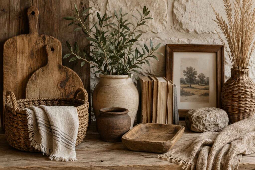 natural wood stone linen and woven rustic decor materials