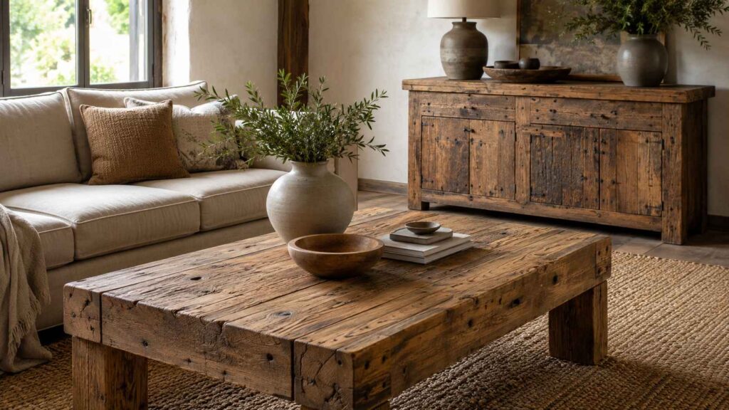 reclaimed wood coffee table in a cozy rustic living room