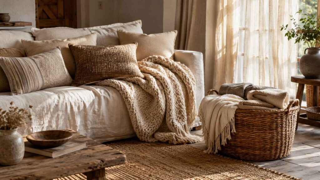 jute rug linen curtains and wool throw in rustic room