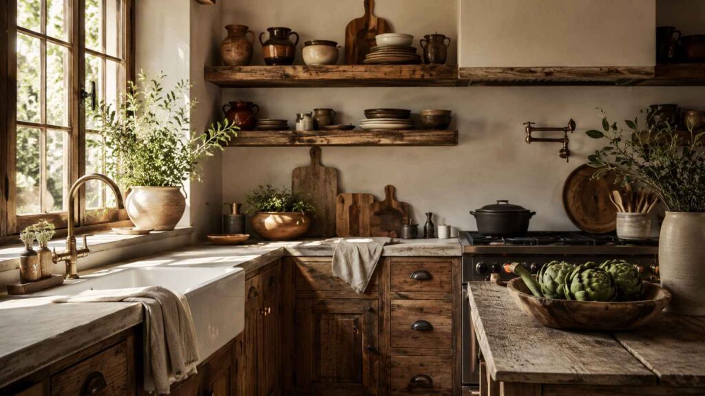 rustic kitchen with wooden shelves pottery and warm lighting
