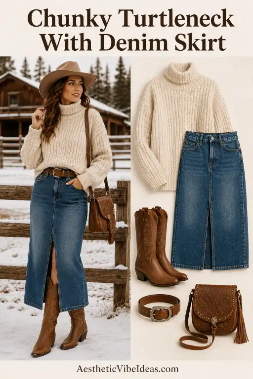 Chunky turtleneck with denim midi skirt and tall Western boots
