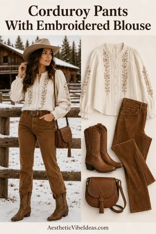 Corduroy pants with embroidered blouse and ankle boots