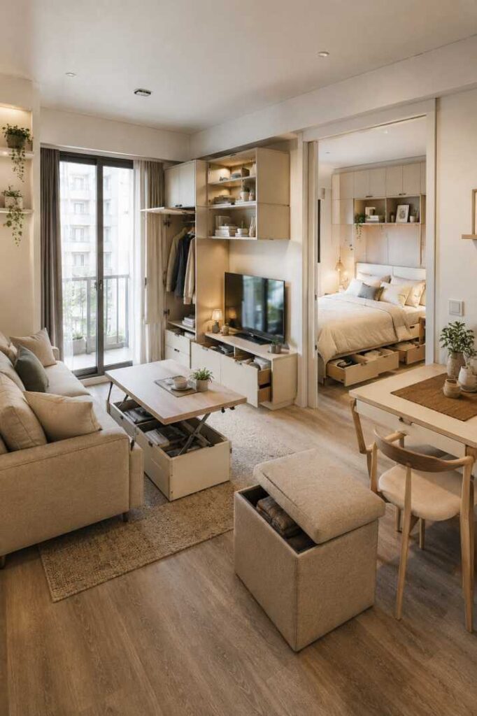 Cozy Scandinavian studio with multifunctional design

