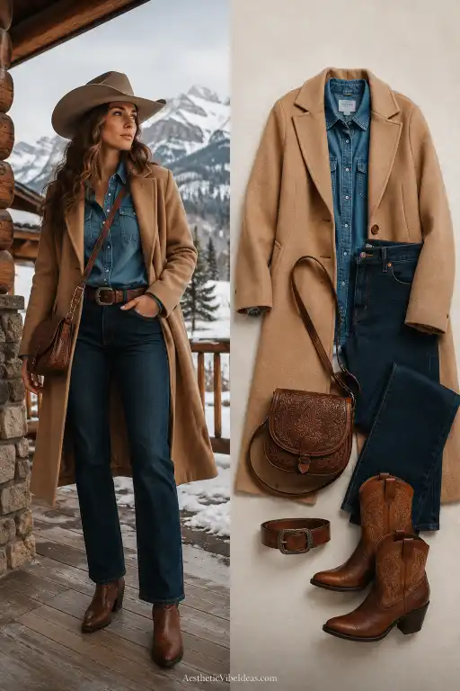 Denim corset with white flared jeans and Western boots
