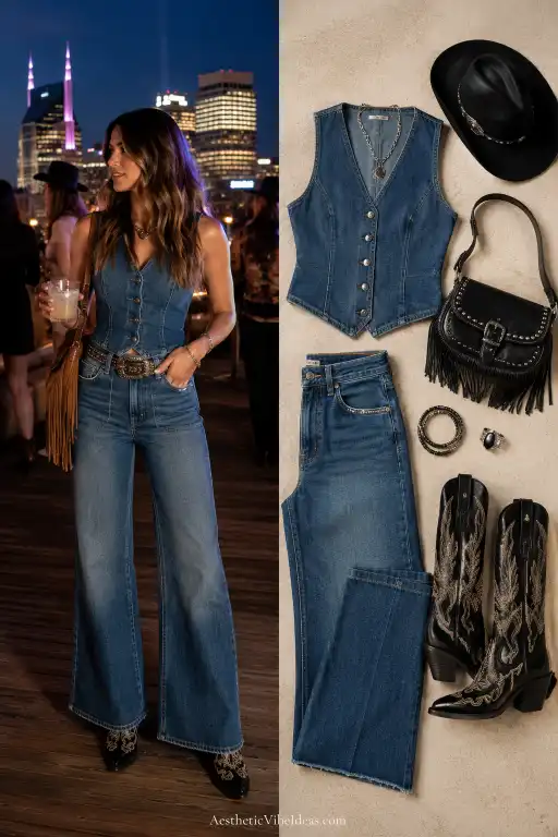 Double-denim co-ord with statement cowboy boots