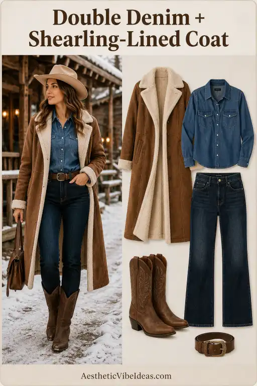 Double-denim winter outfit with shearling-lined coat