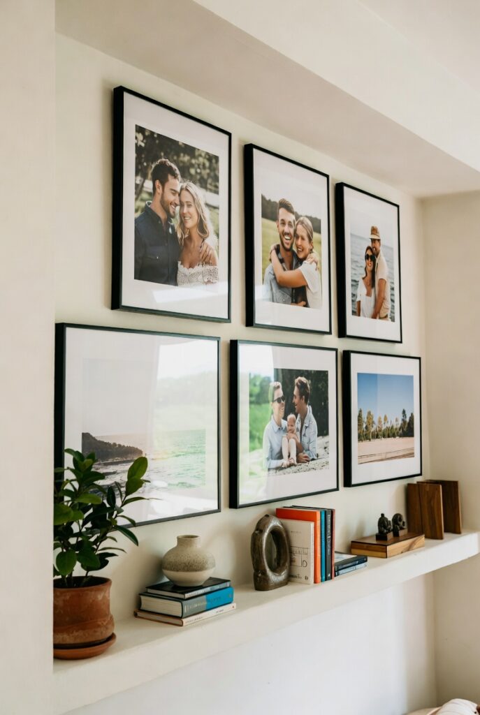 Elegant Framed Family Photos on Modern Shelf Personalized Warm Home Decor Styling Ideas