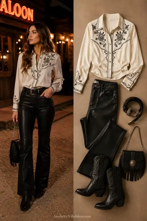 Faux leather pants with embroidered Western blouse