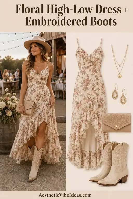 Floral high-low wedding guest dress with embroidered boots