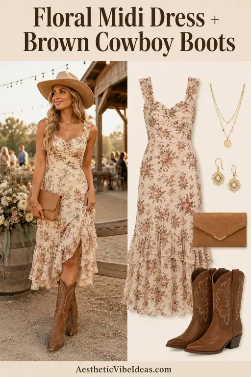 Floral midi dress with brown cowboy boots for a Western wedding