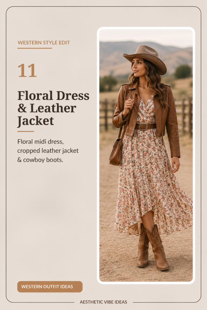 Floral midi dress with leather jacket and cowboy boots