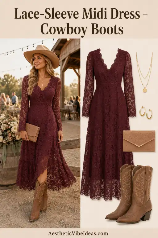 Lace-sleeve midi dress styled with cowboy boots