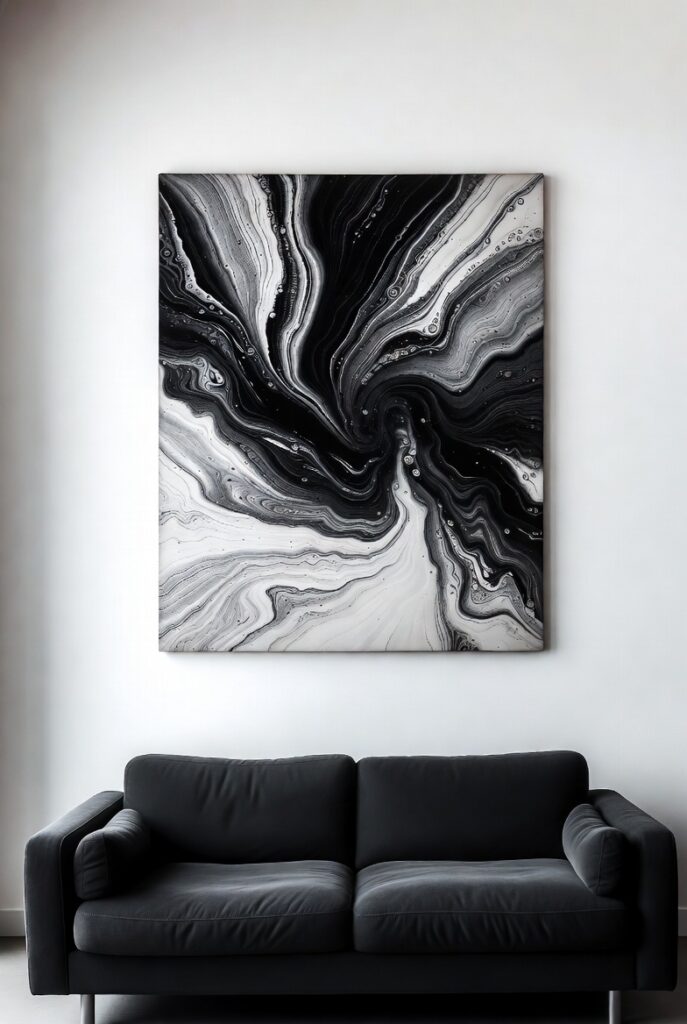Large Abstract Black and White Wall Art in Modern Living Room Minimalist Statement Piece Decor