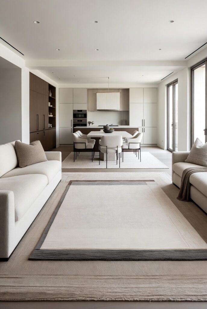 Large Neutral Area Rug in Open Plan Modern Home Luxury Rug Layering Living Room Ideas