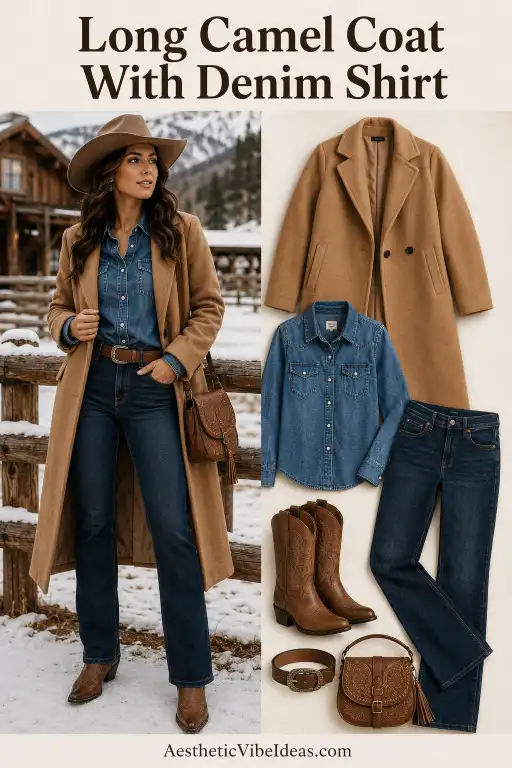 Long camel coat with denim shirt and dark jeans Western outfit