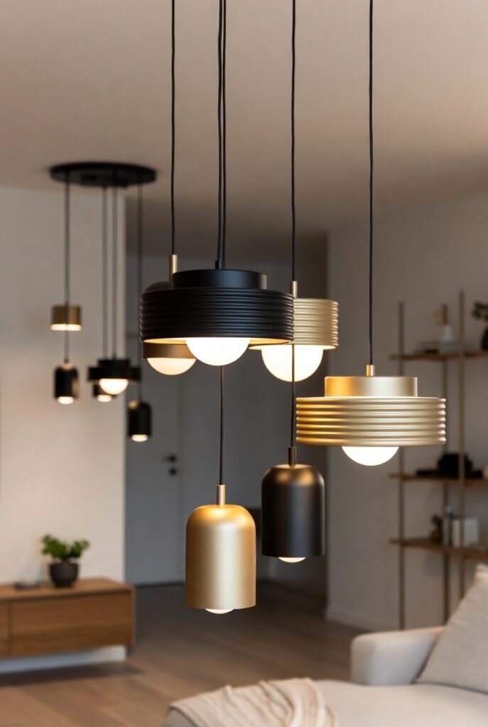 Modern Statement Pendant Lighting in Luxury Minimalist Living Room Warm Glow Interior Design