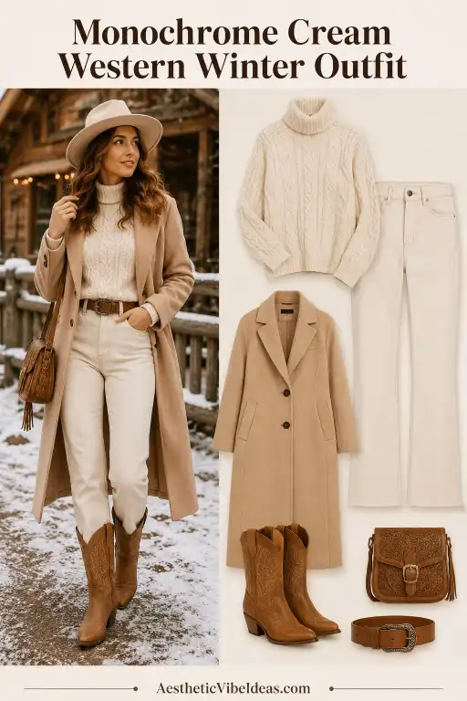 Monochrome cream Western winter outfit with tan boots