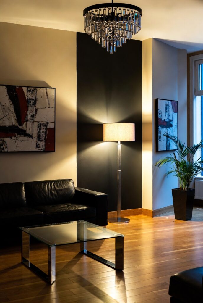 Neutral Modern Interior with Dark Accent Wall Sophisticated Black and Wood Tone Decor