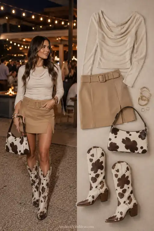 Neutral Western party outfit with cow-print accessory