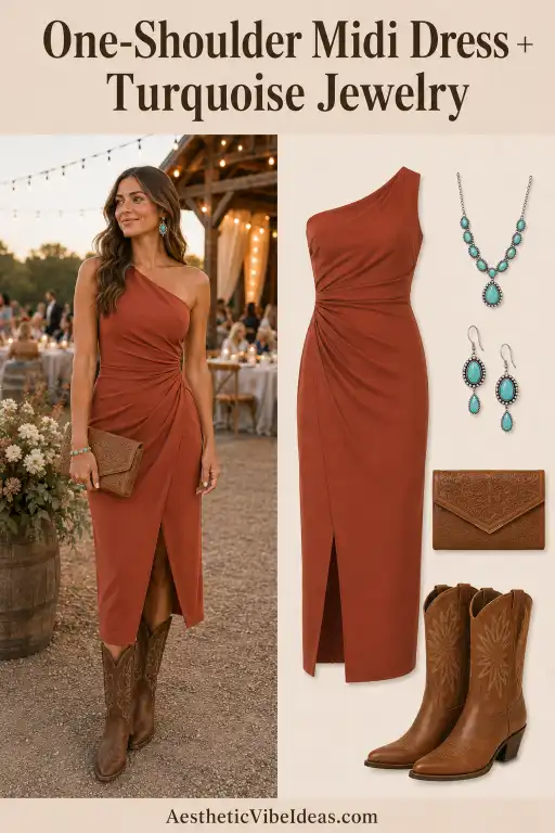 One-shoulder midi dress with turquoise Western jewelry
