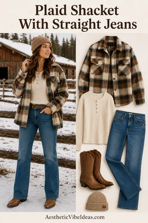 Plaid shacket with thermal top and straight-leg jeans