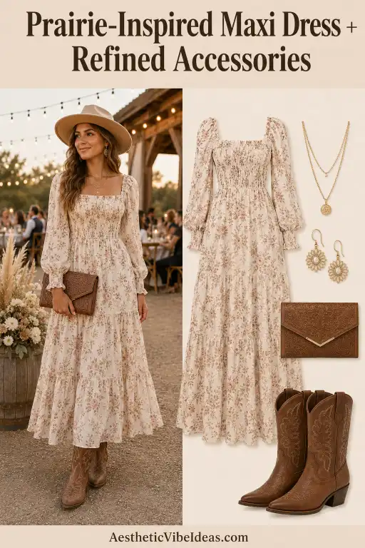 Prairie-inspired maxi dress with polished leather accessories