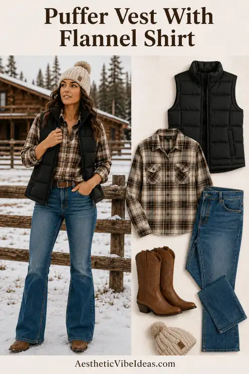 Puffer vest with flannel shirt and bootcut jeans