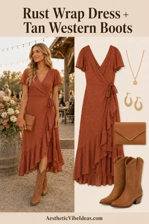 Rust wrap dress with tan Western boots wedding guest outfit