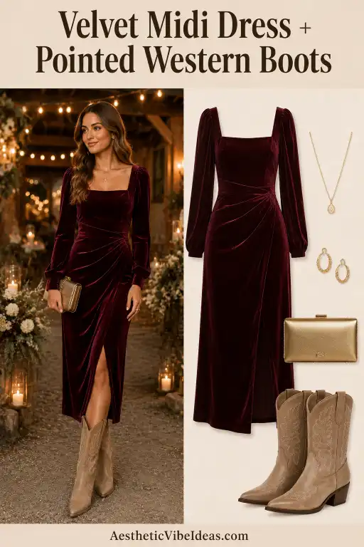 Sage green maxi dress with suede accessories for a country wedding