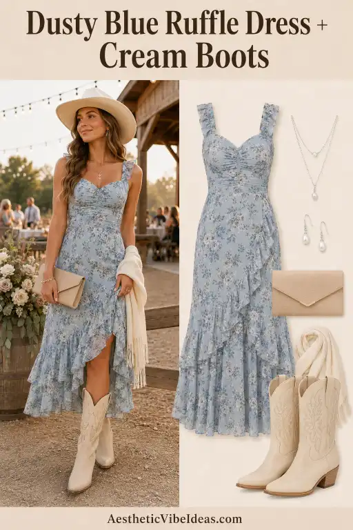 Satin slip dress with sleek cowboy boots for a ranch wedding