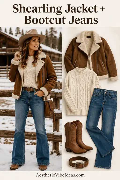 Shearling jacket with bootcut jeans and cowboy boots winter outfit