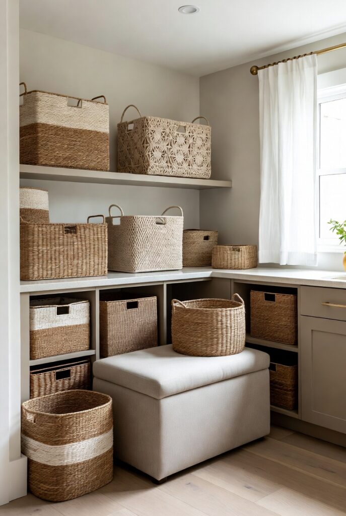 Stylish Woven Basket Storage in Modern Minimalist Room Hidden Storage Luxury Home Organization