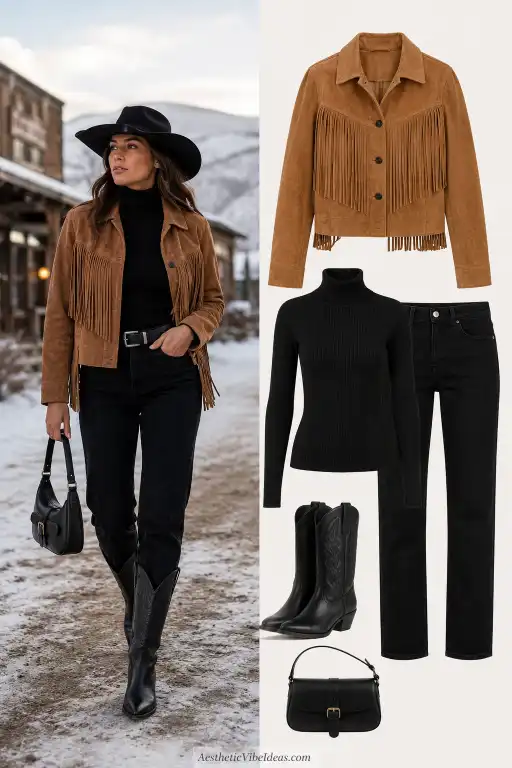 Suede fringe jacket over black dress Western party look