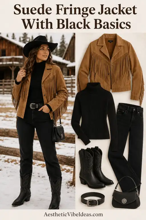 Suede fringe jacket with black winter basics and cowboy boots