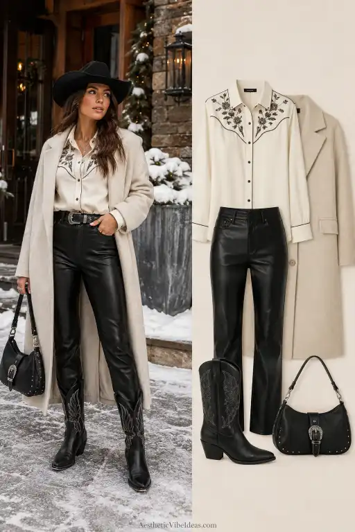 Suede mini skirt with lace blouse and knee-high cowboy boots