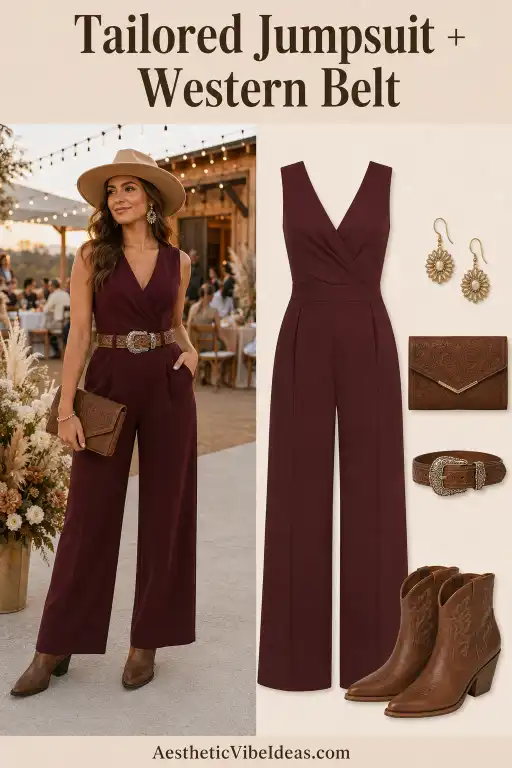 Tailored jumpsuit with Western belt wedding guest outfit